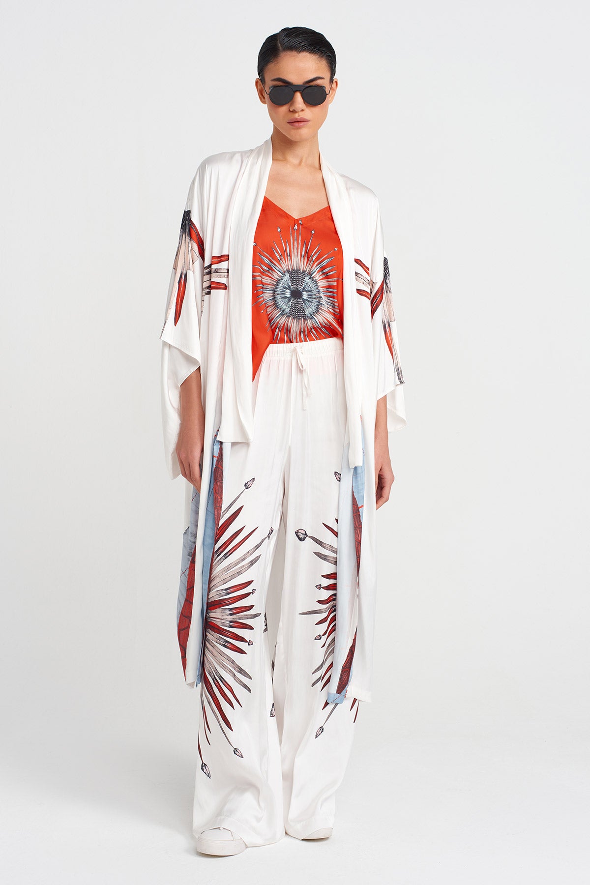 Off White Printed Long Kimono-Y255015090