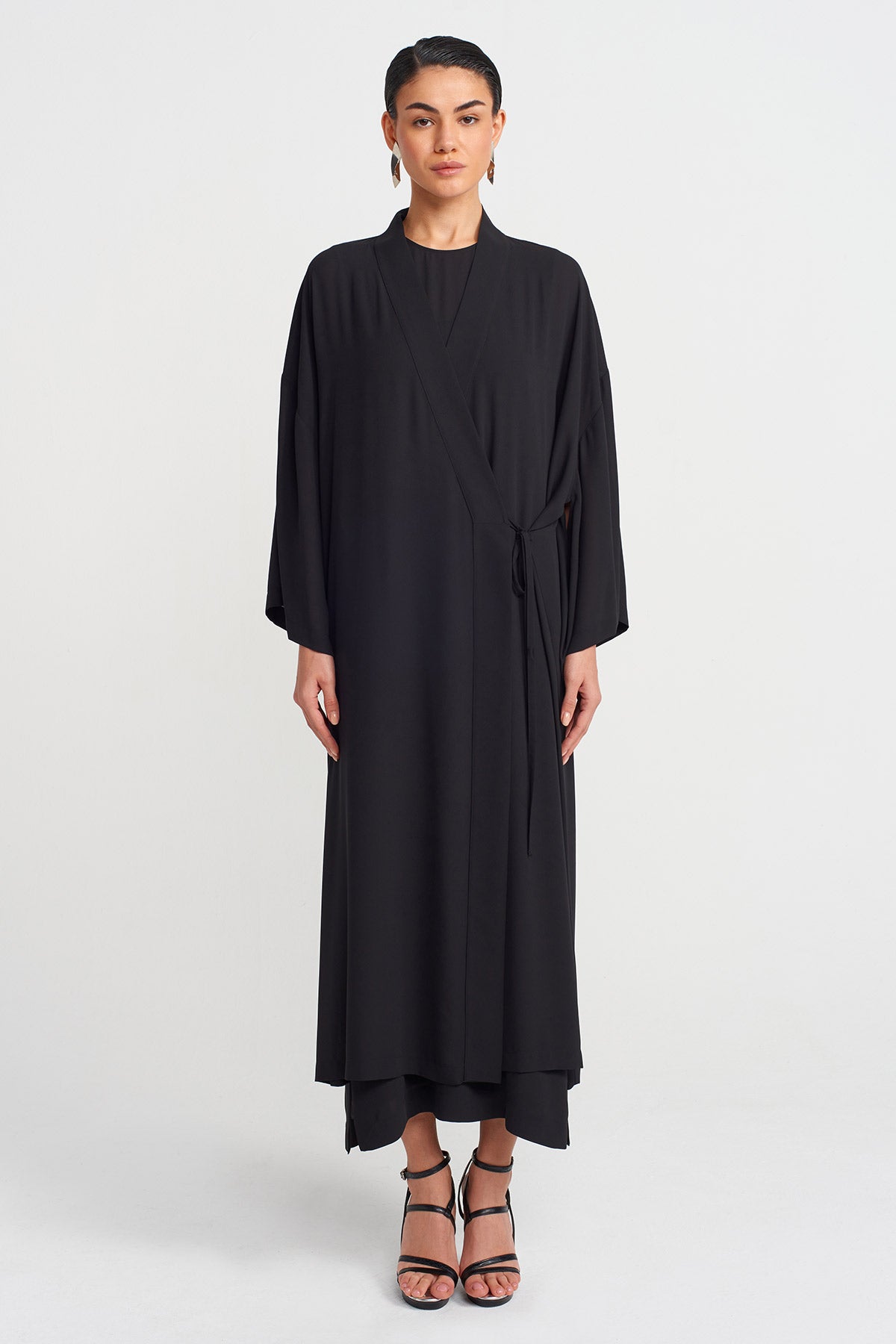 Black Side-Tie Long Kimono-Y255015094