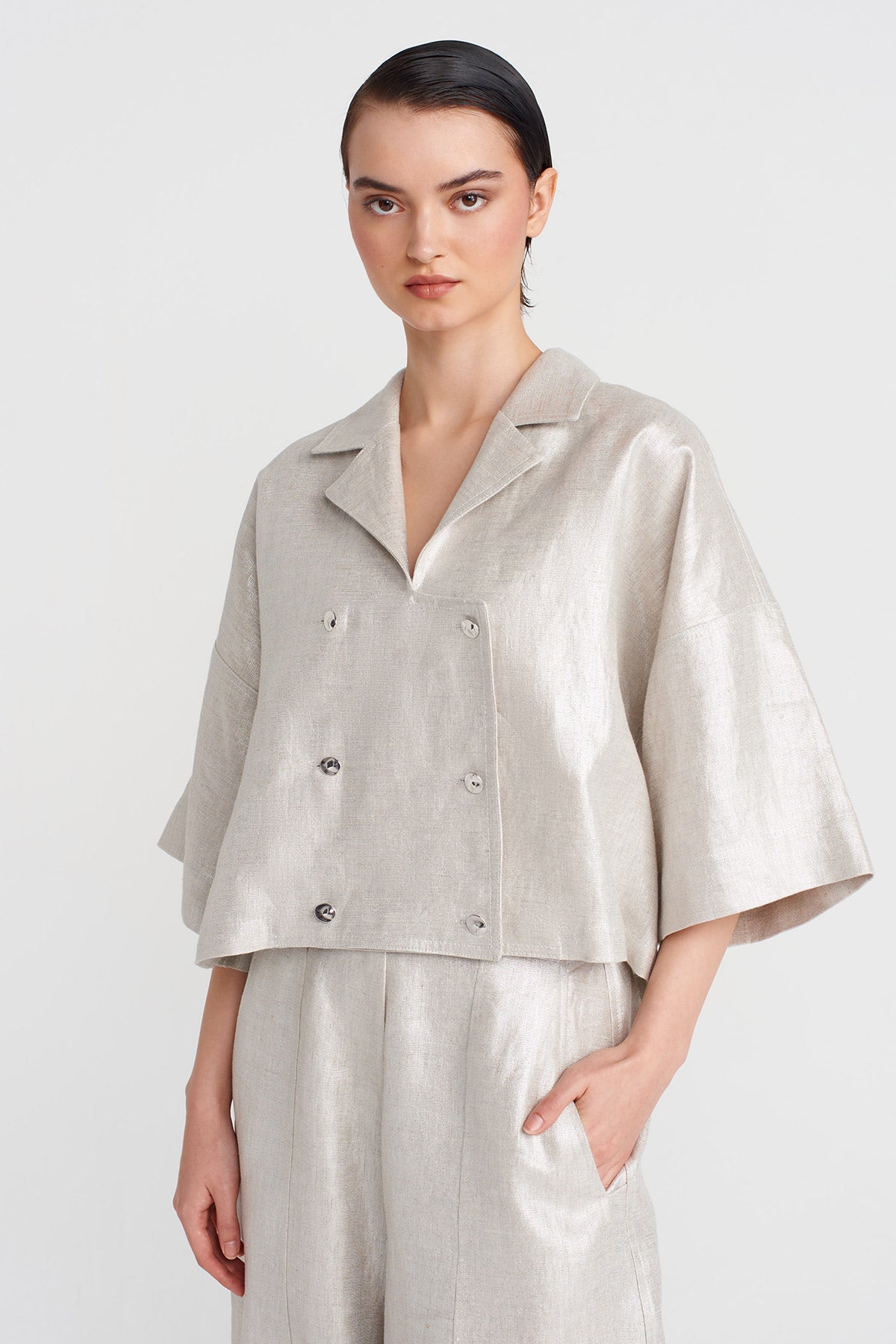Silver Buttoned, Coated Fabric Jacket-Y255015109