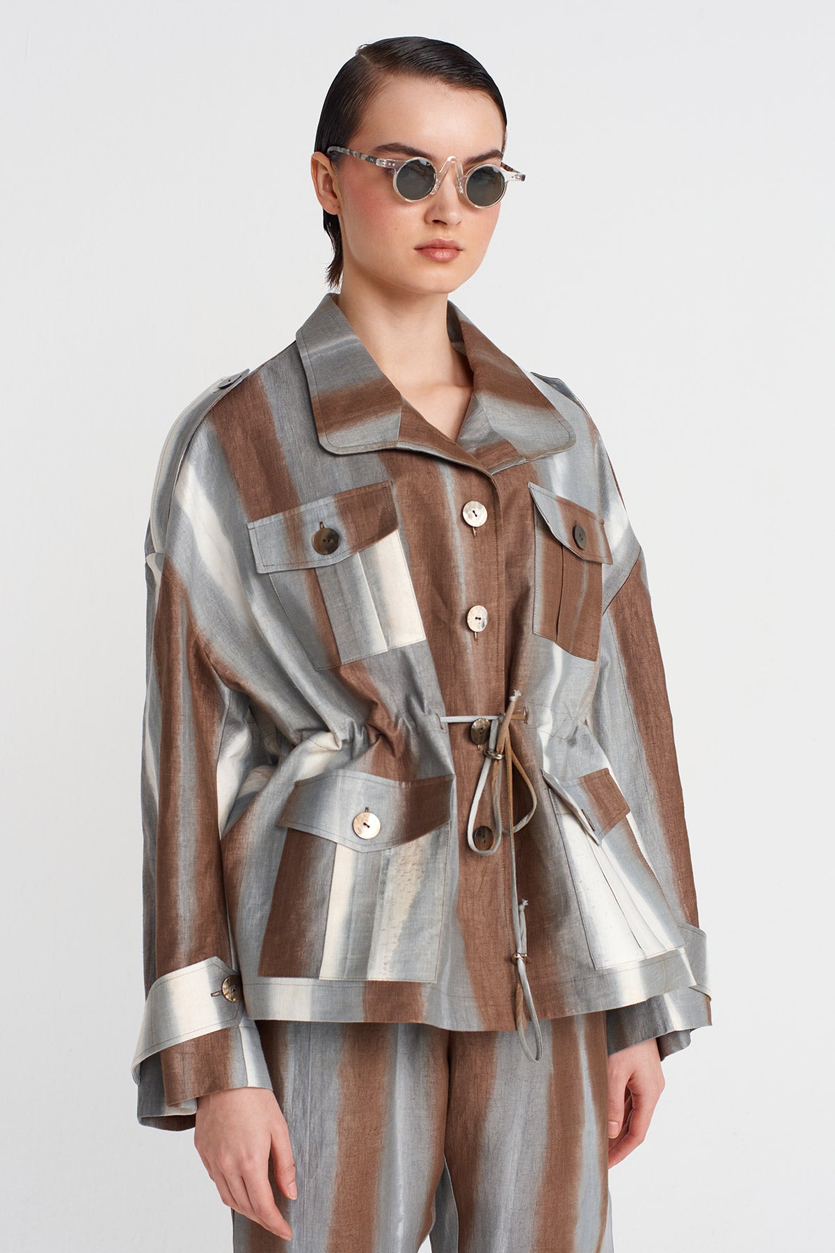 Brown / White Printed Trench Coat-Y255015119