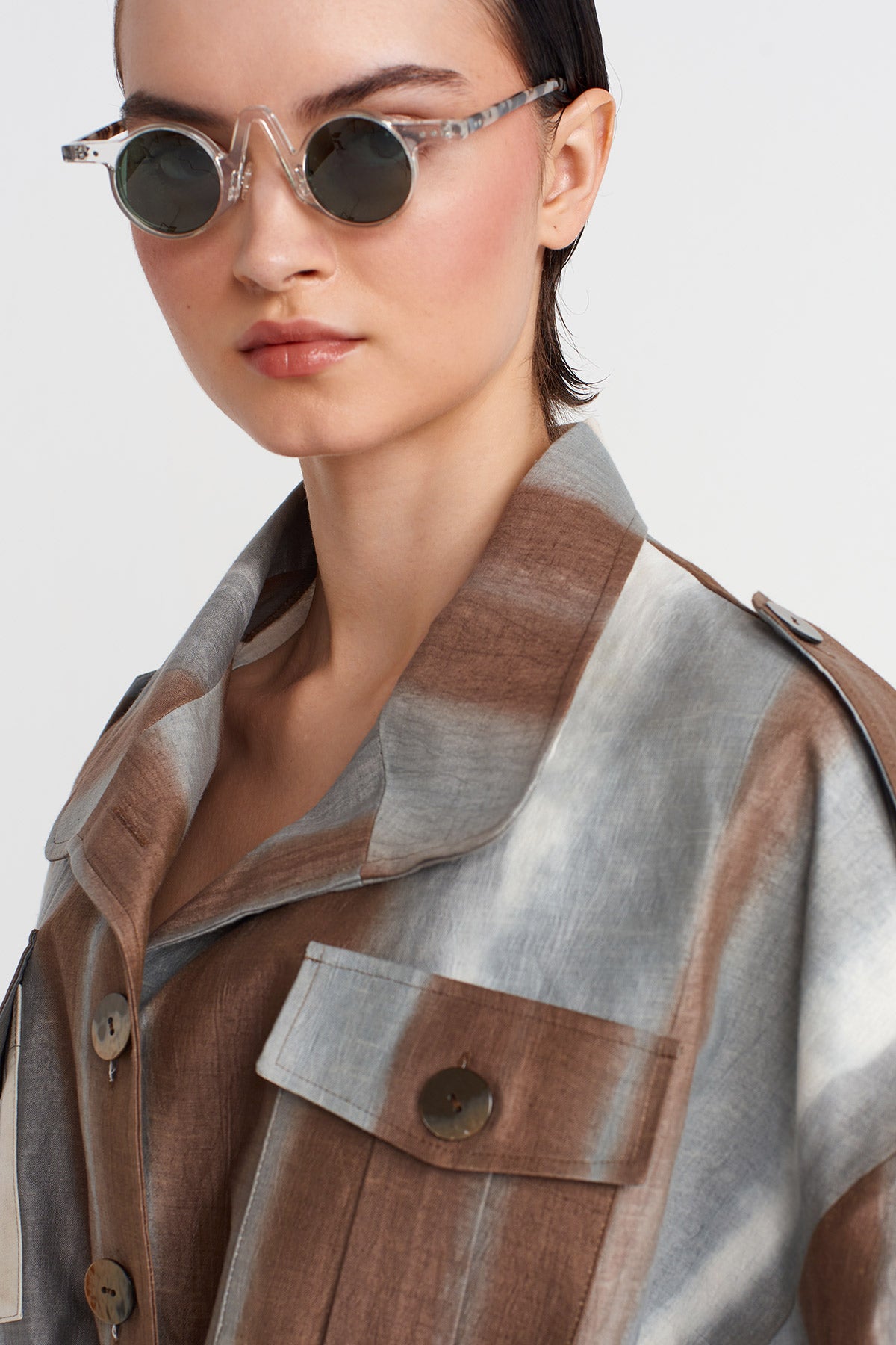 Brown / White Printed Trench Coat-Y255015119
