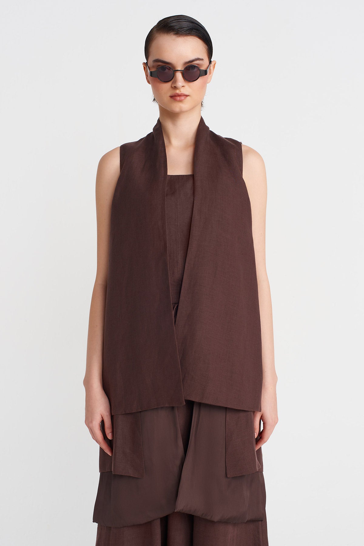 Chocolate Linen Vest with Satin Details-Y255015121