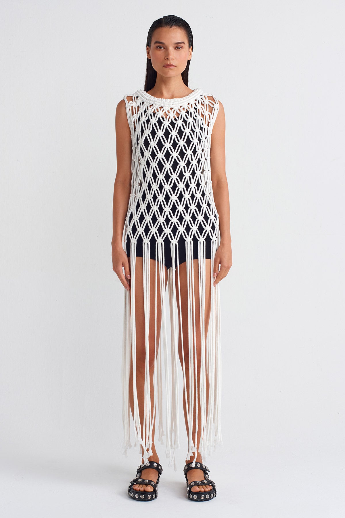 Off White Handmade Macramé Tunic-Y256016003