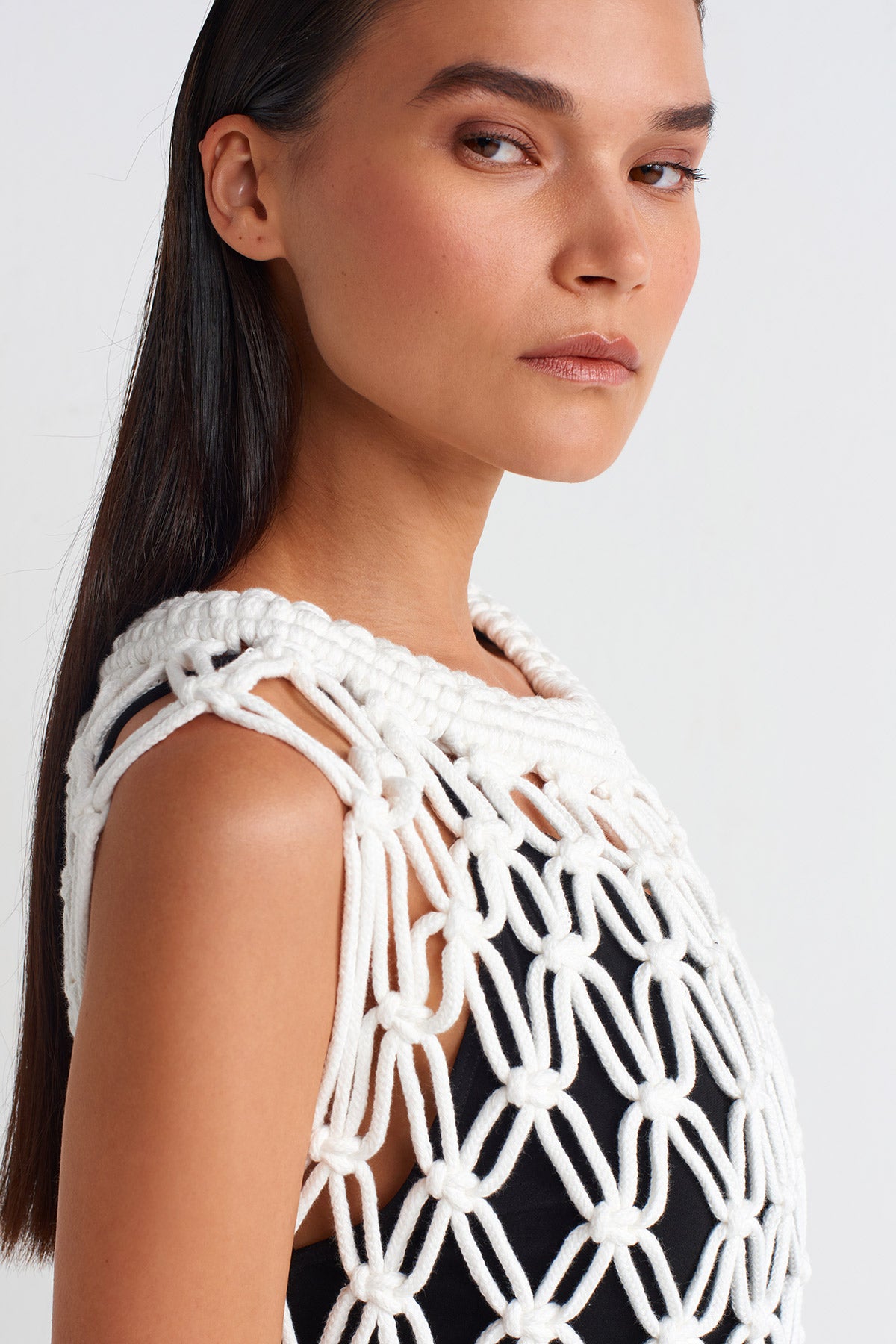 Off White Handmade Macramé Tunic-Y256016003
