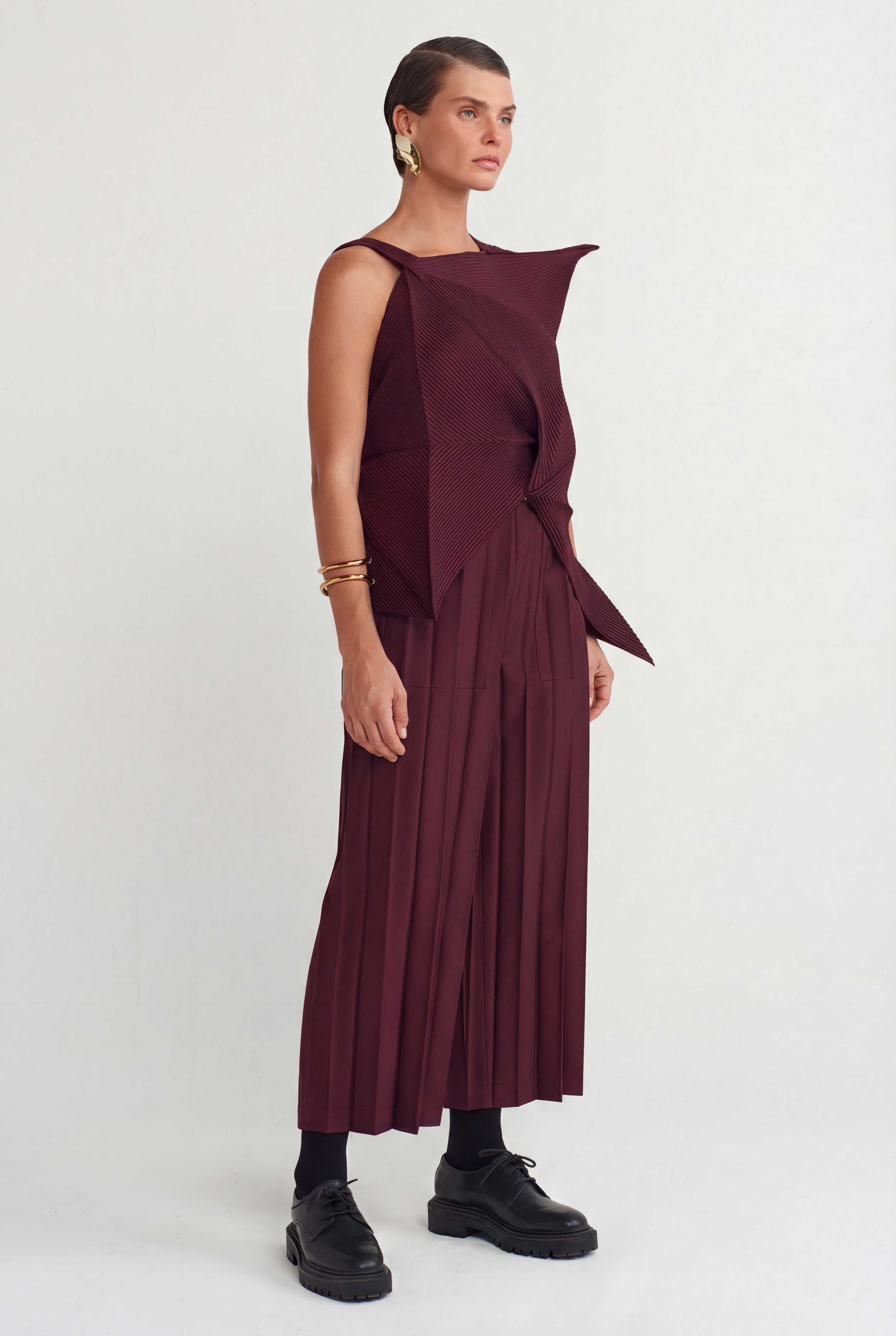 Burgundy Origami-Style Pleated Blouse-Y261011051