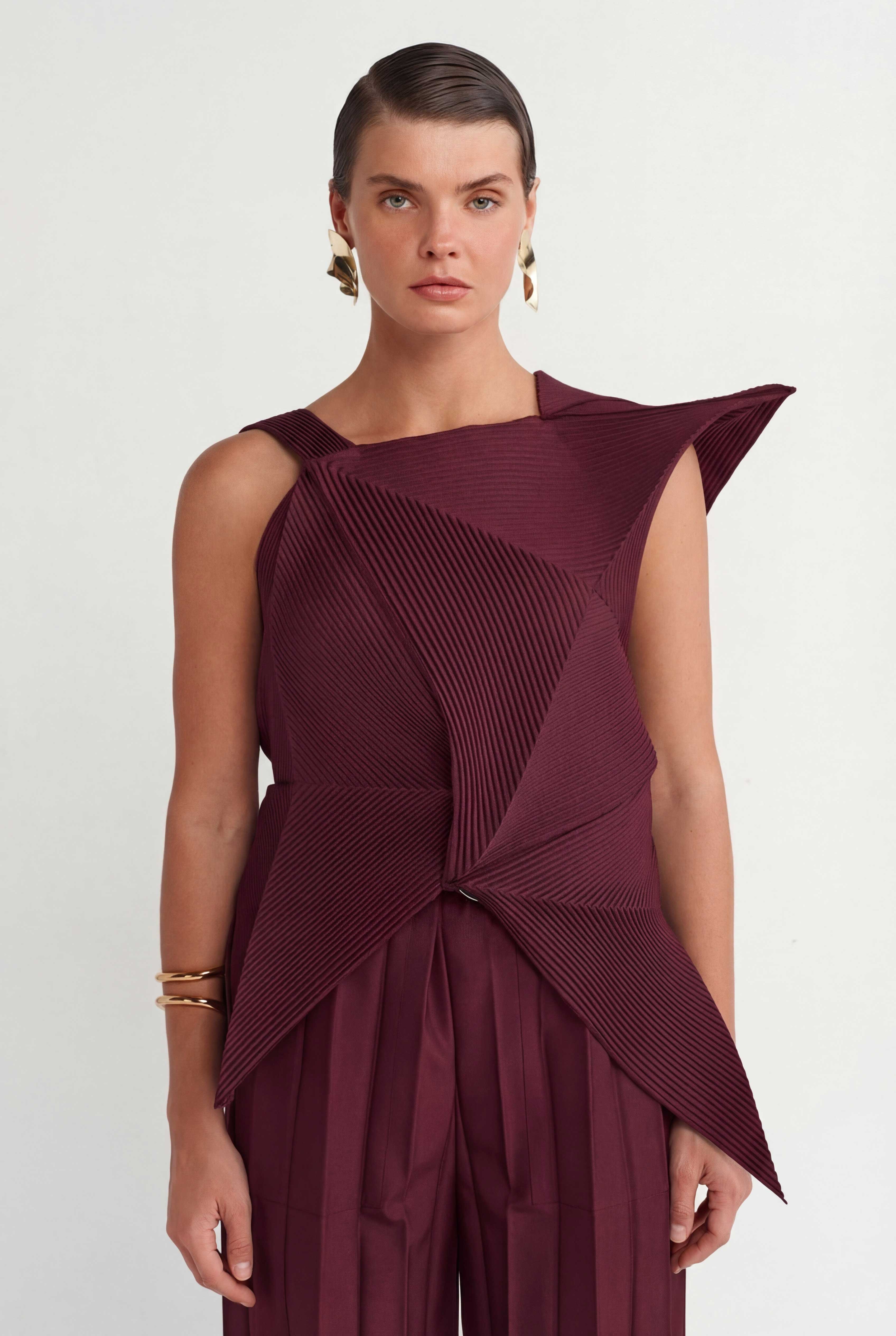 Burgundy Origami-Style Pleated Blouse-Y261011051