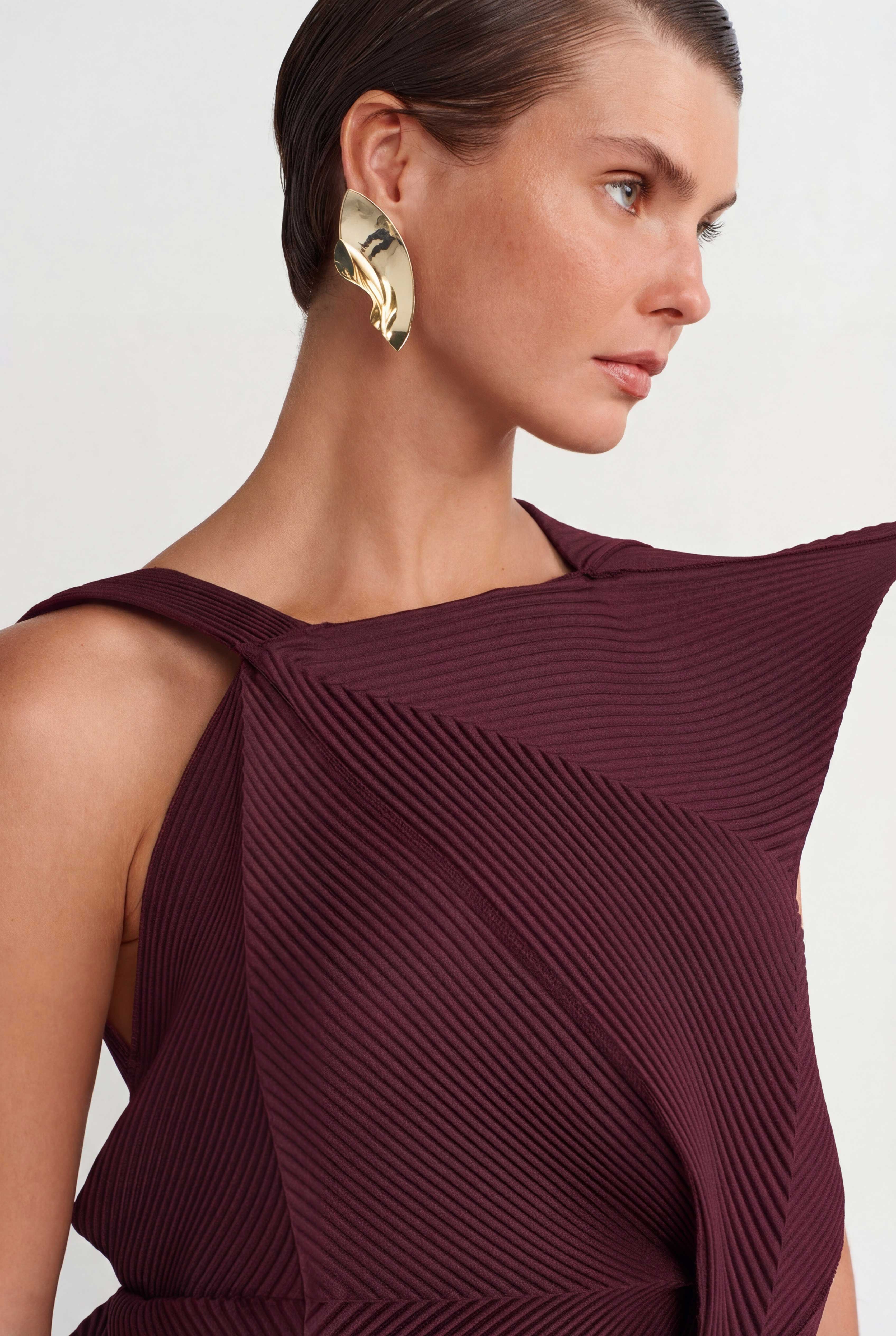Burgundy Origami-Style Pleated Blouse-Y261011051