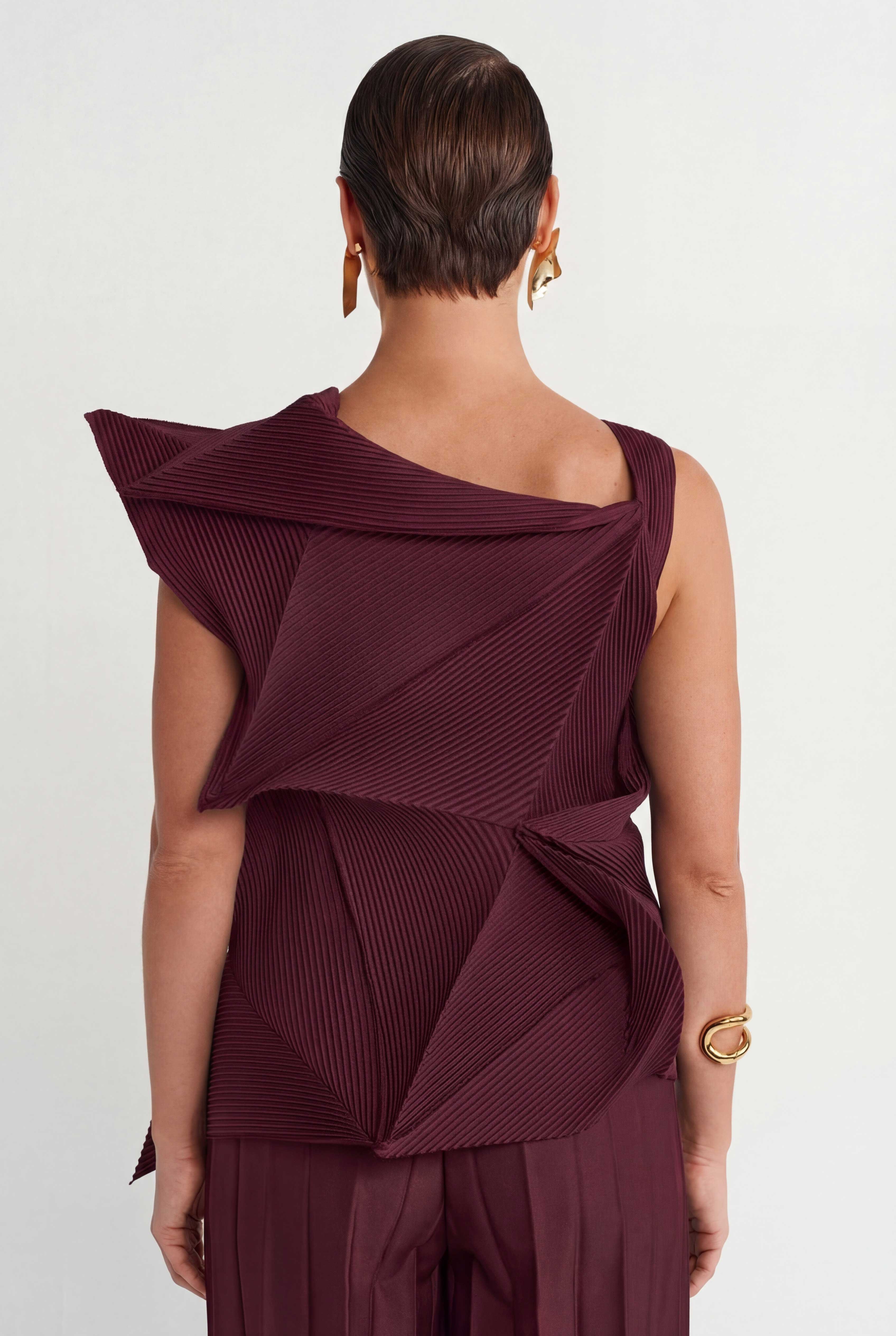 Burgundy Origami-Style Pleated Blouse-Y261011051