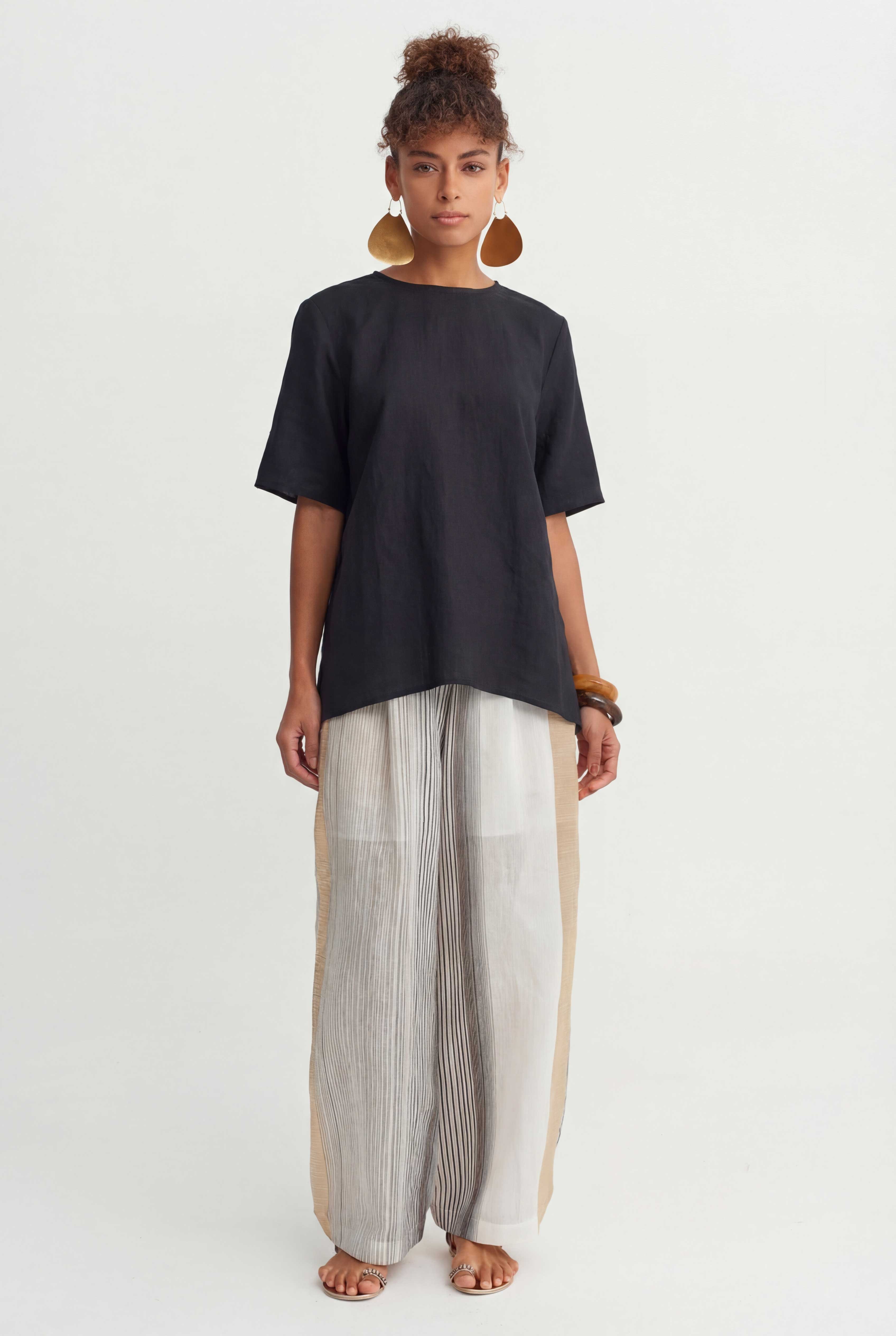 Black Natural Linen Oversized T-Shirt-Y261011067