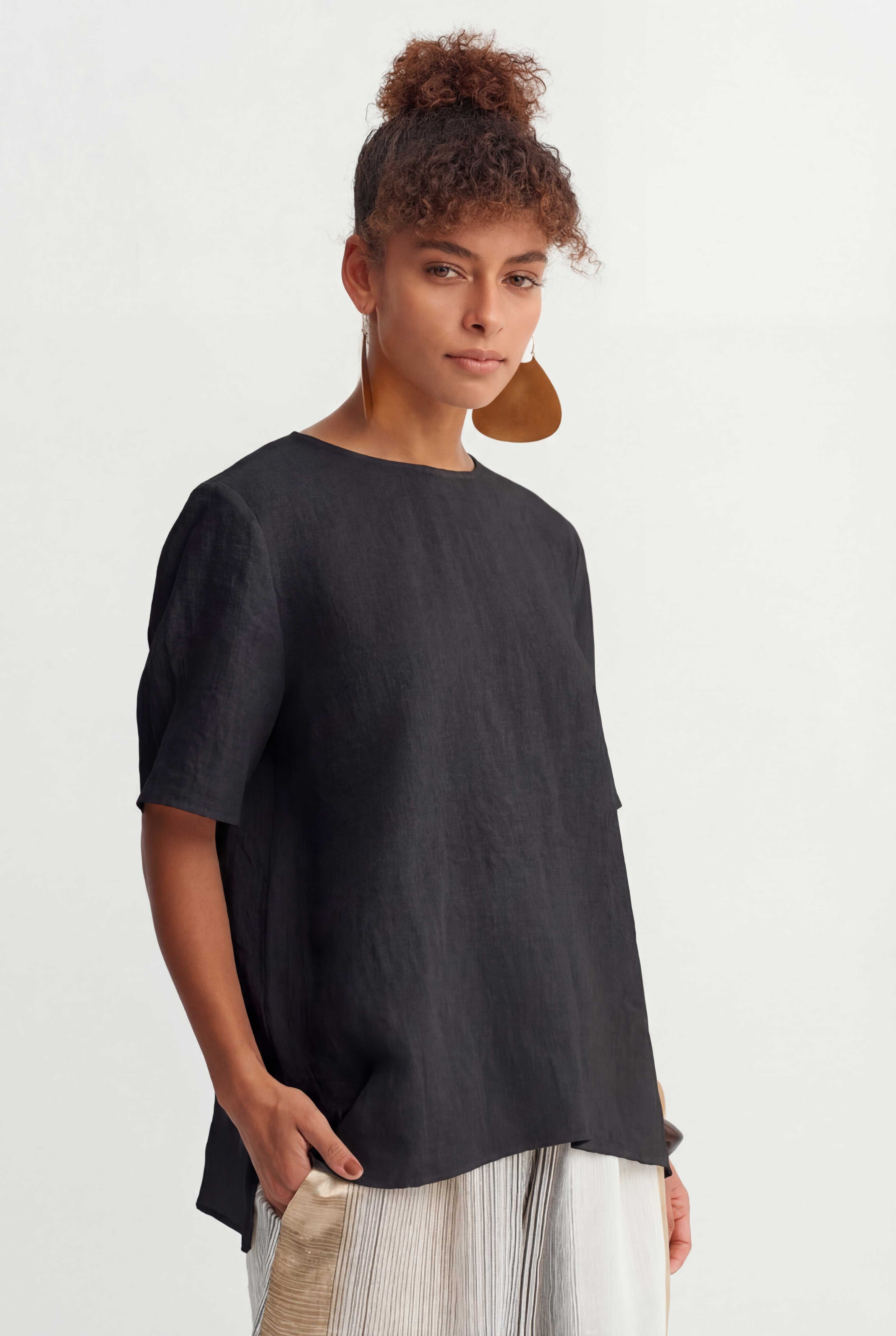Black Natural Linen Oversized T-Shirt-Y261011067