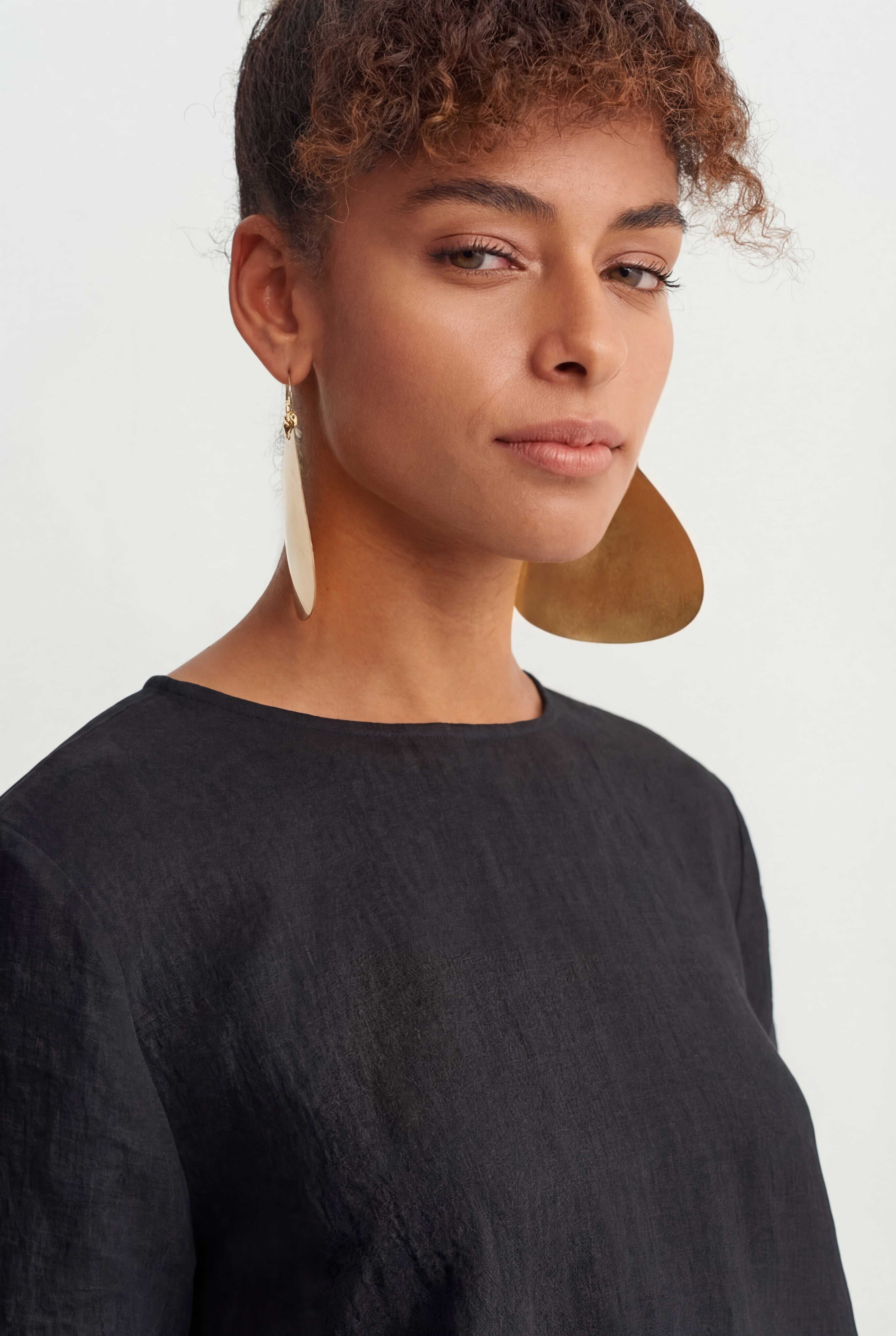Black Natural Linen Oversized T-Shirt-Y261011067