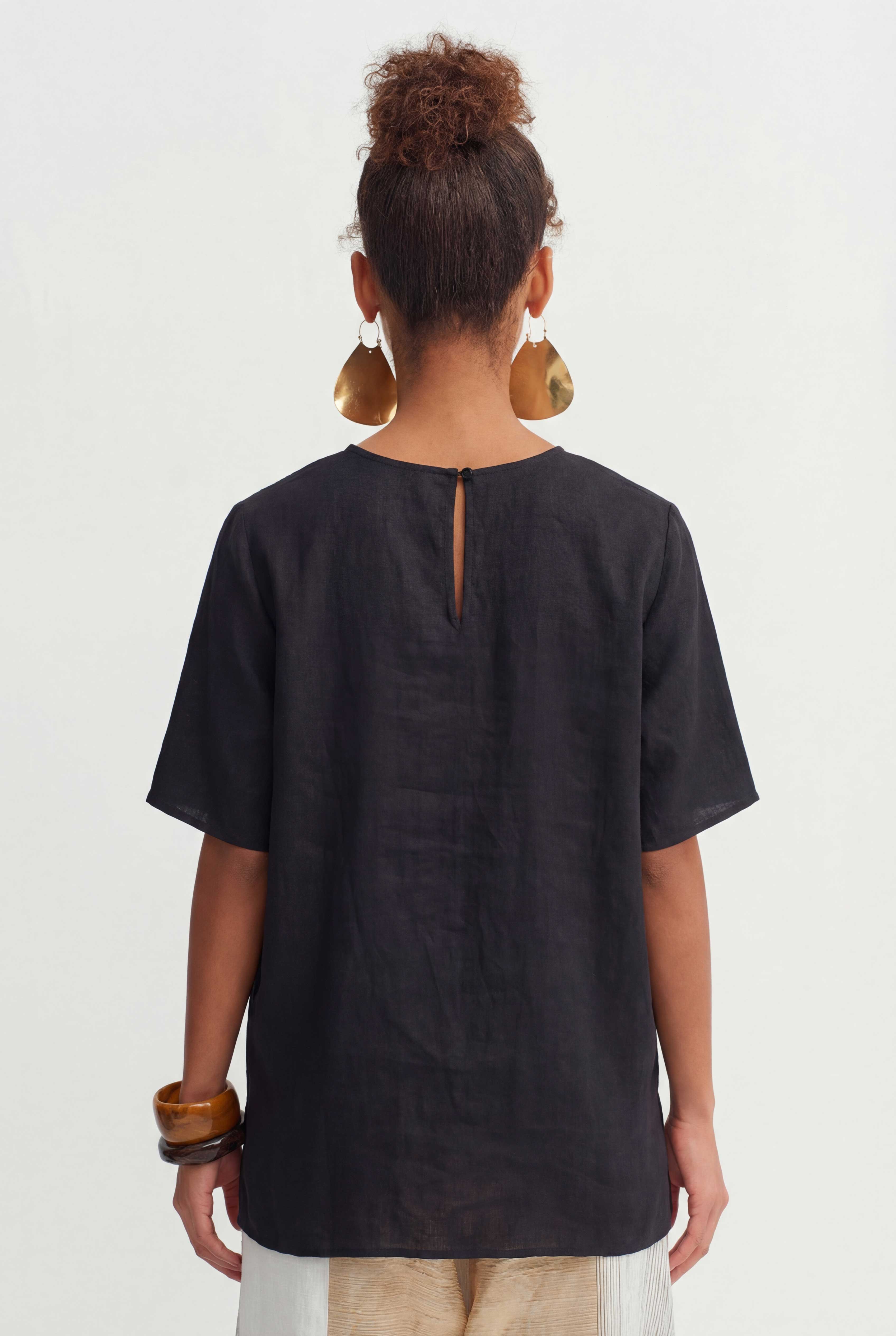 Black Natural Linen Oversized T-Shirt-Y261011067