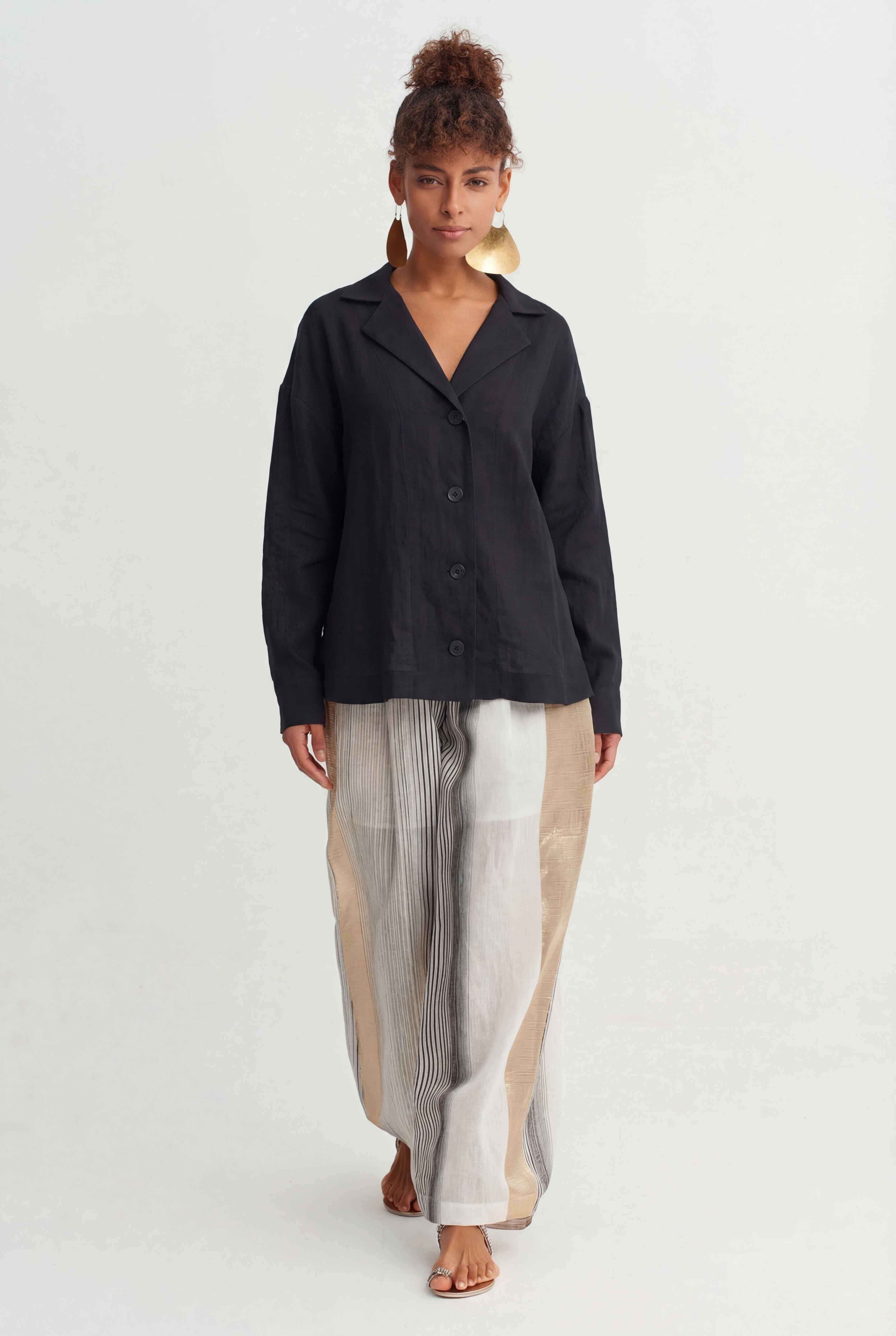 Black Natural Linen Button-Down Shirt-Y261011068