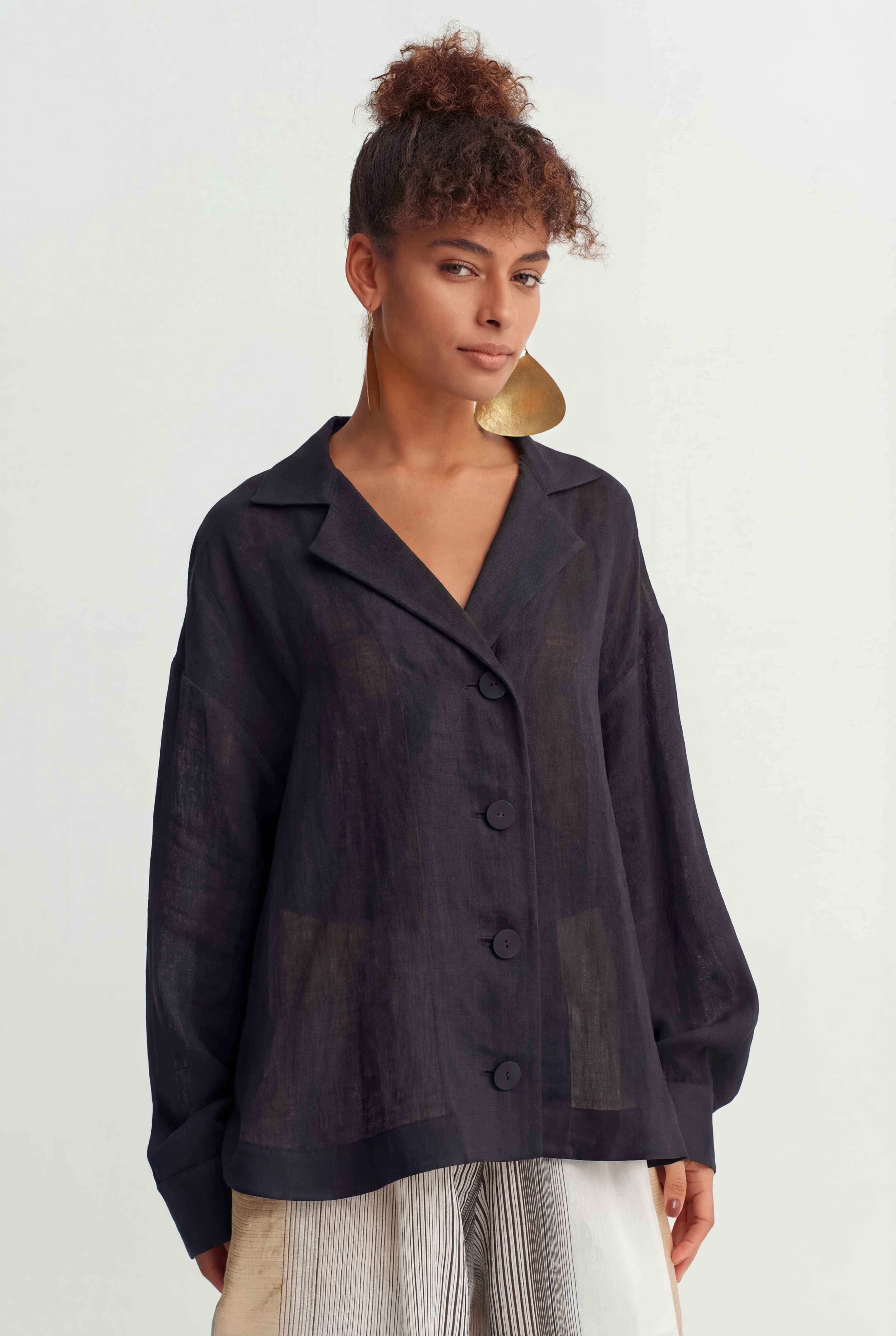 Black Natural Linen Button-Down Shirt-Y261011068