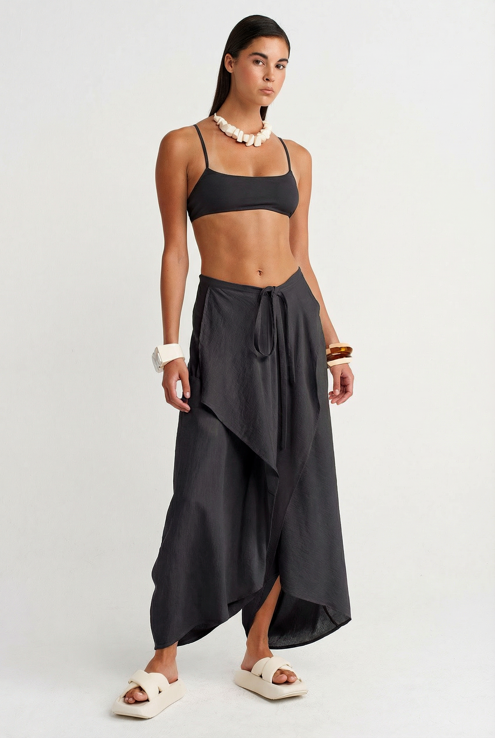 Black Asymmetric Wrap Harem Trousers-Y263013007
