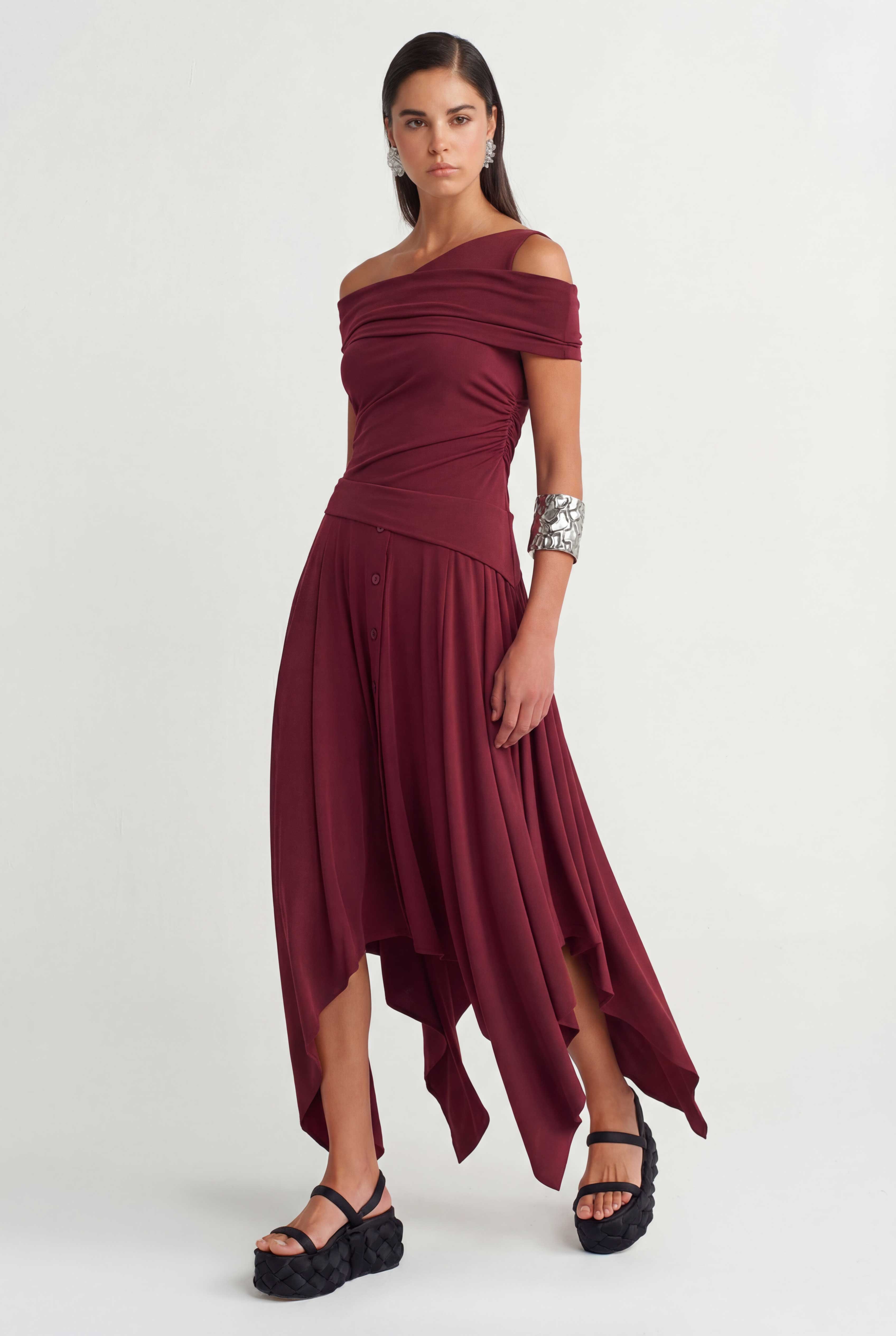 Merlot Asymmetric Draped Jersey Dress-Y264014013
