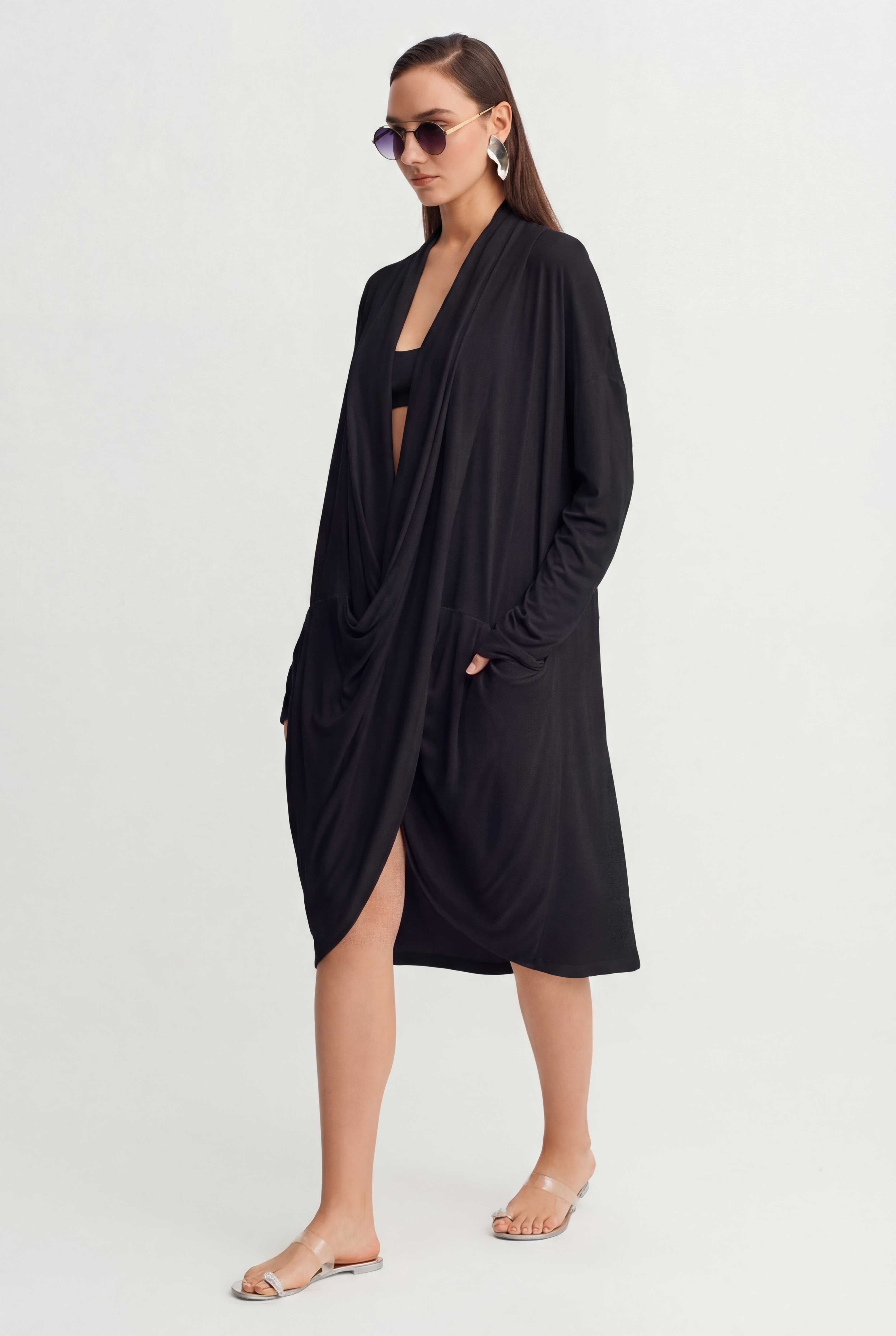 Black Draped Neck Long Dress-Y264014047