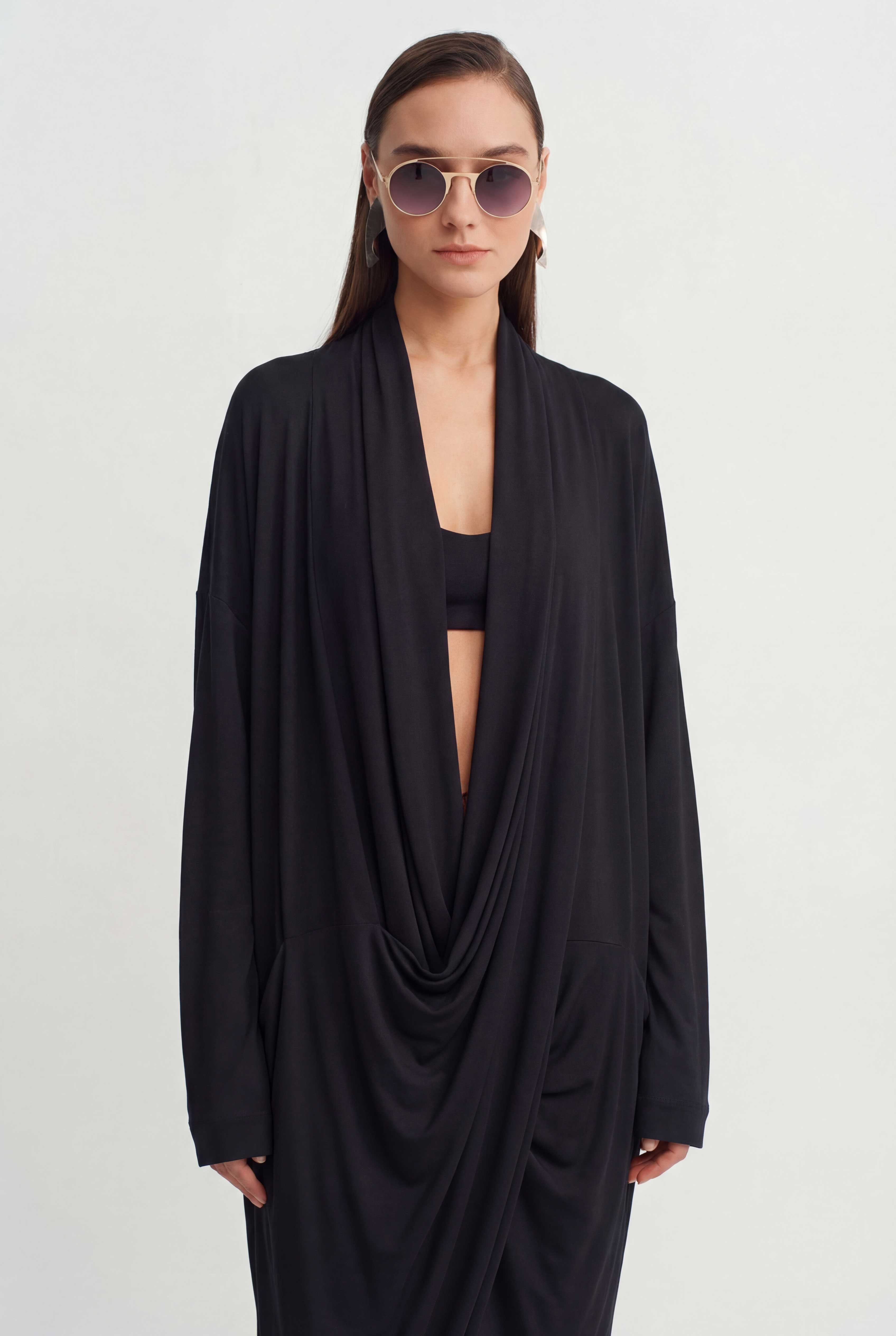 Black Draped Neck Long Dress-Y264014047