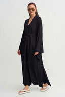 Black Long Tie-Waist Kimono-Y265015039