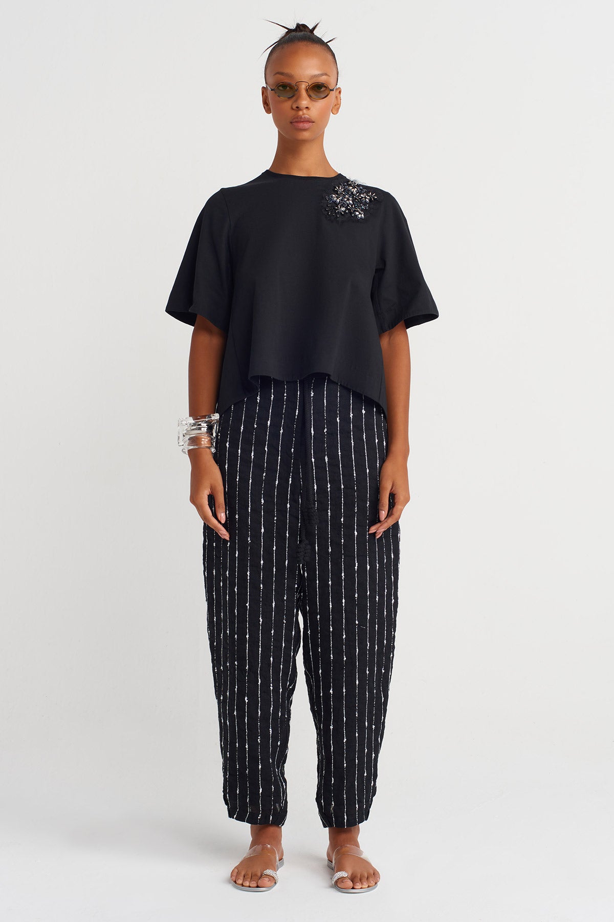 Black Beaded Embellished Asymmetric Blouse-Y261011024