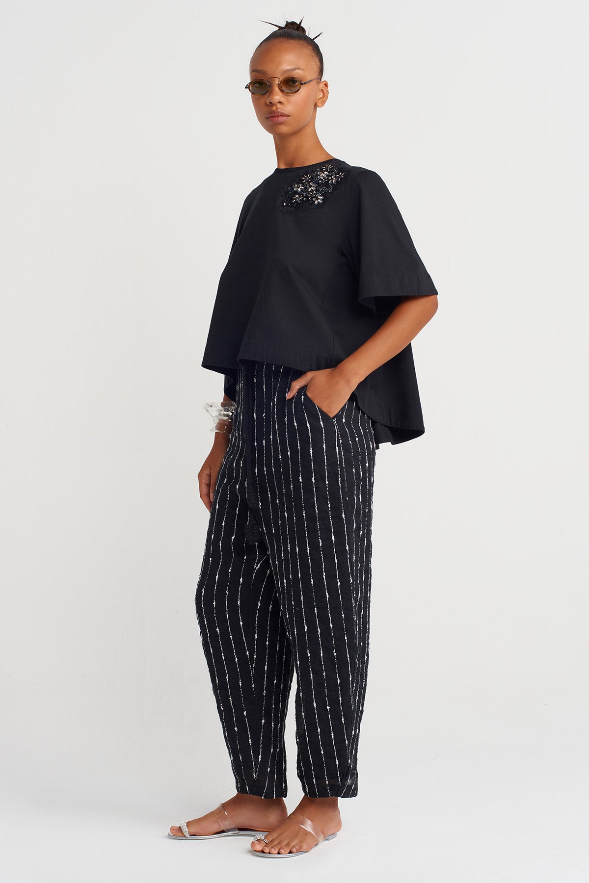 Black Beaded Embellished Asymmetric Blouse-Y261011024