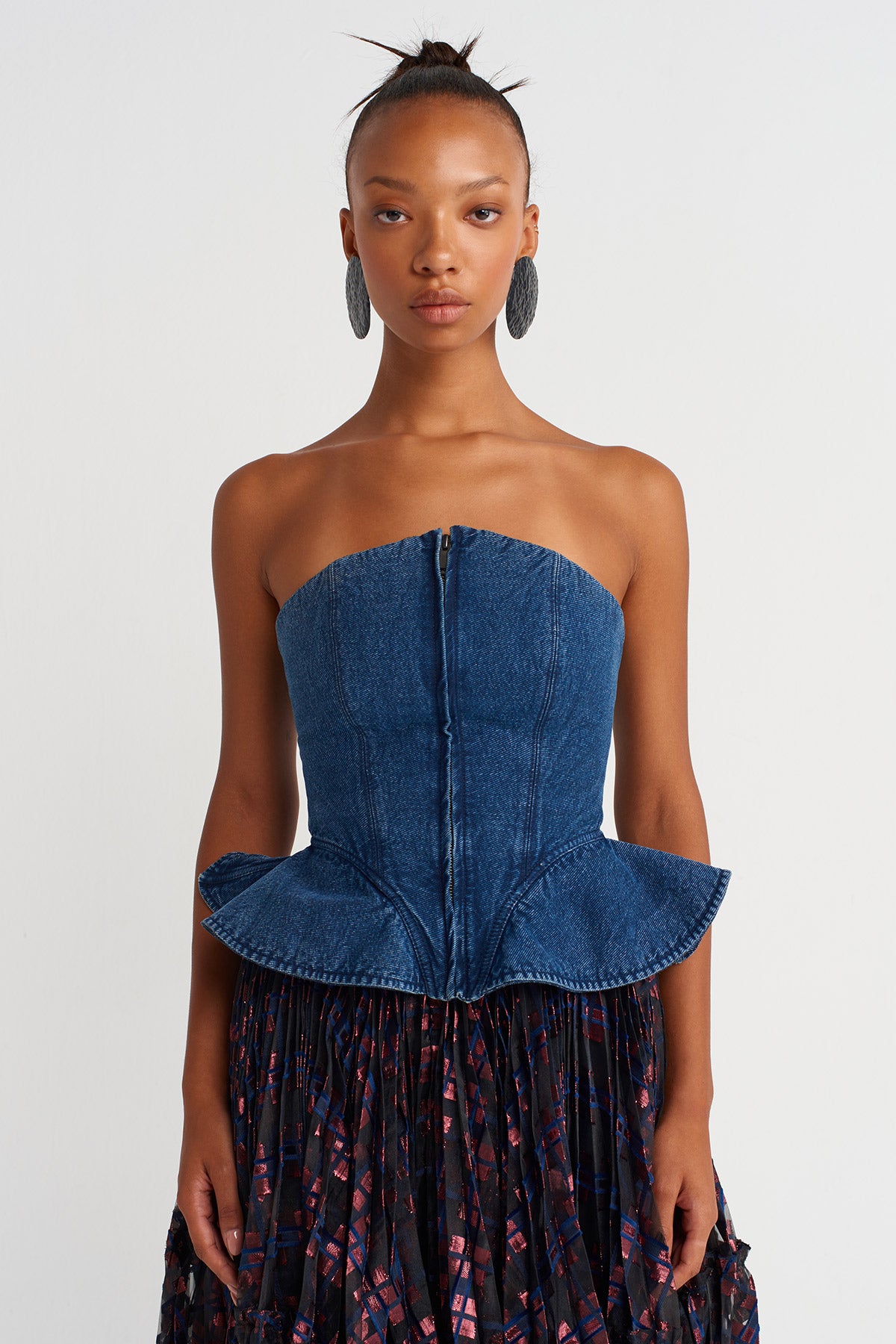Indigo Denim Peplum Bustier-Y261011025