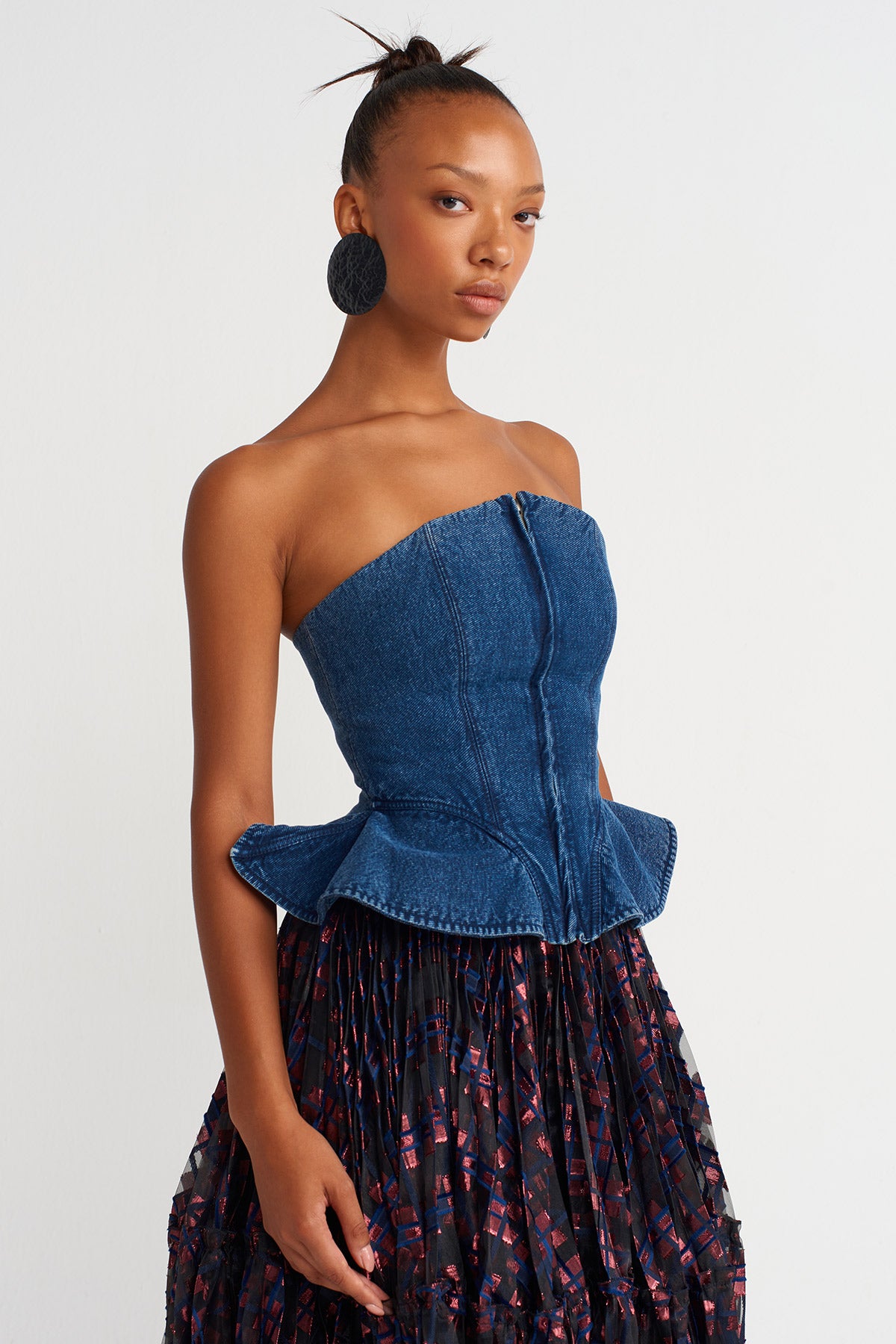 Indigo Denim Peplum Bustier-Y261011025