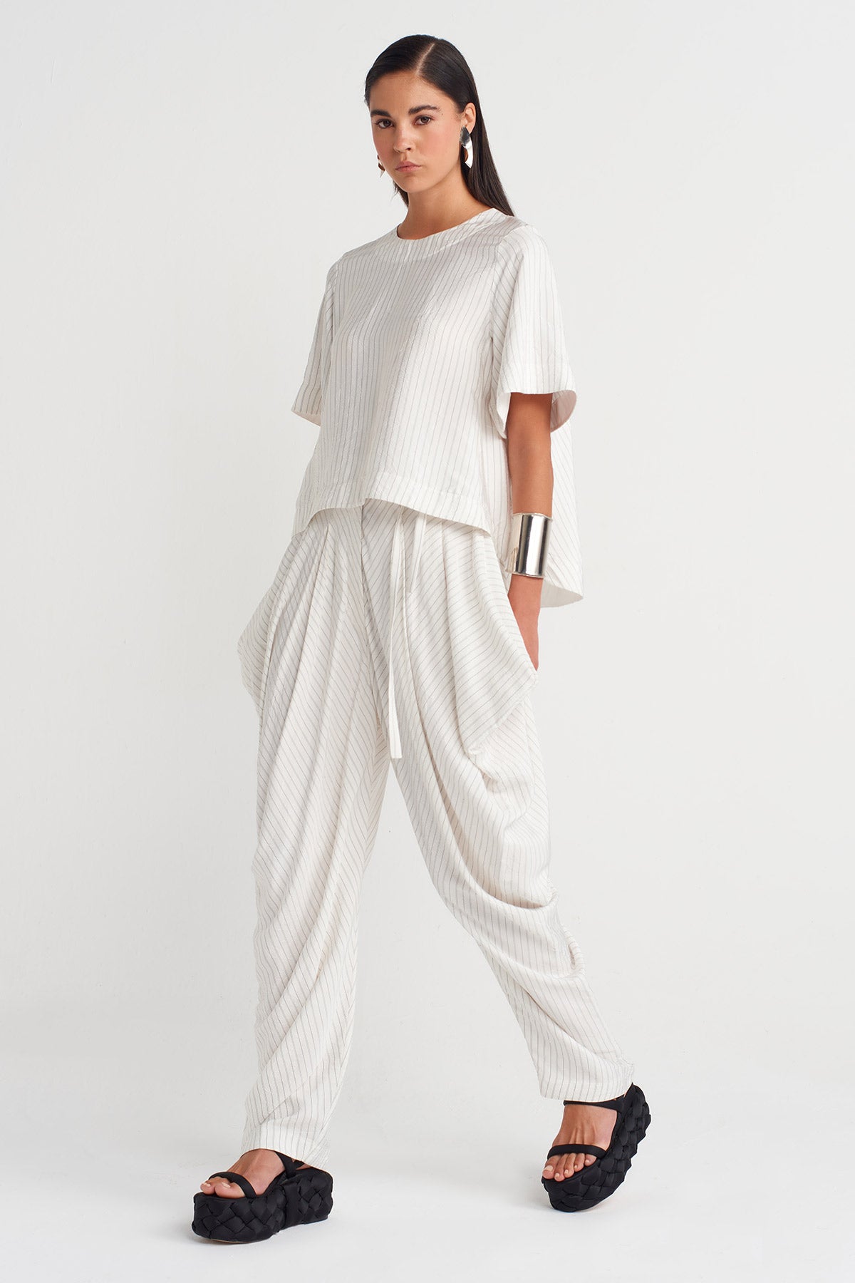 Ecru Fine-Striped Oversize Blouse-Y261011026