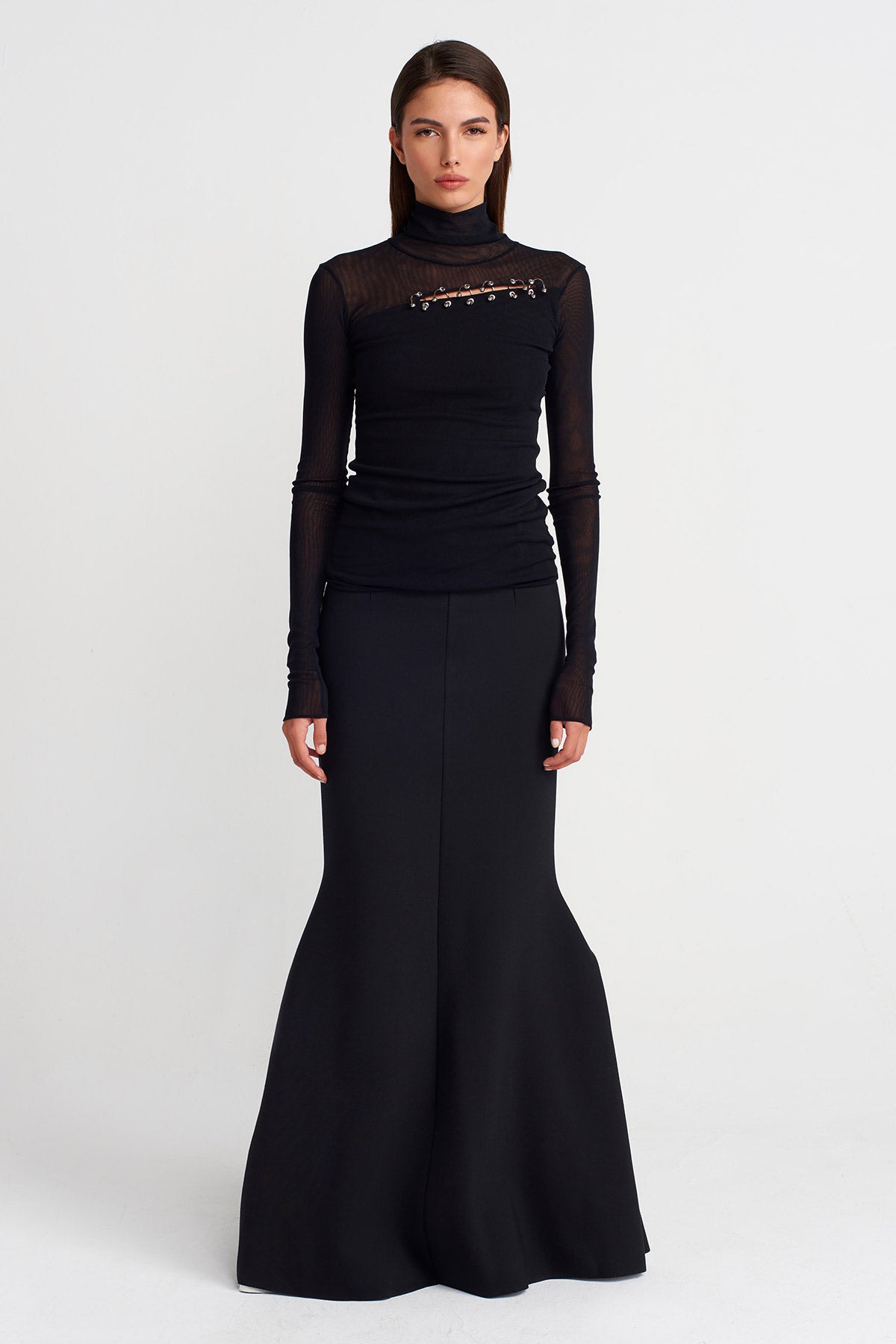 Black Sheer Tulle Body with Piercing Detail-Y261011035