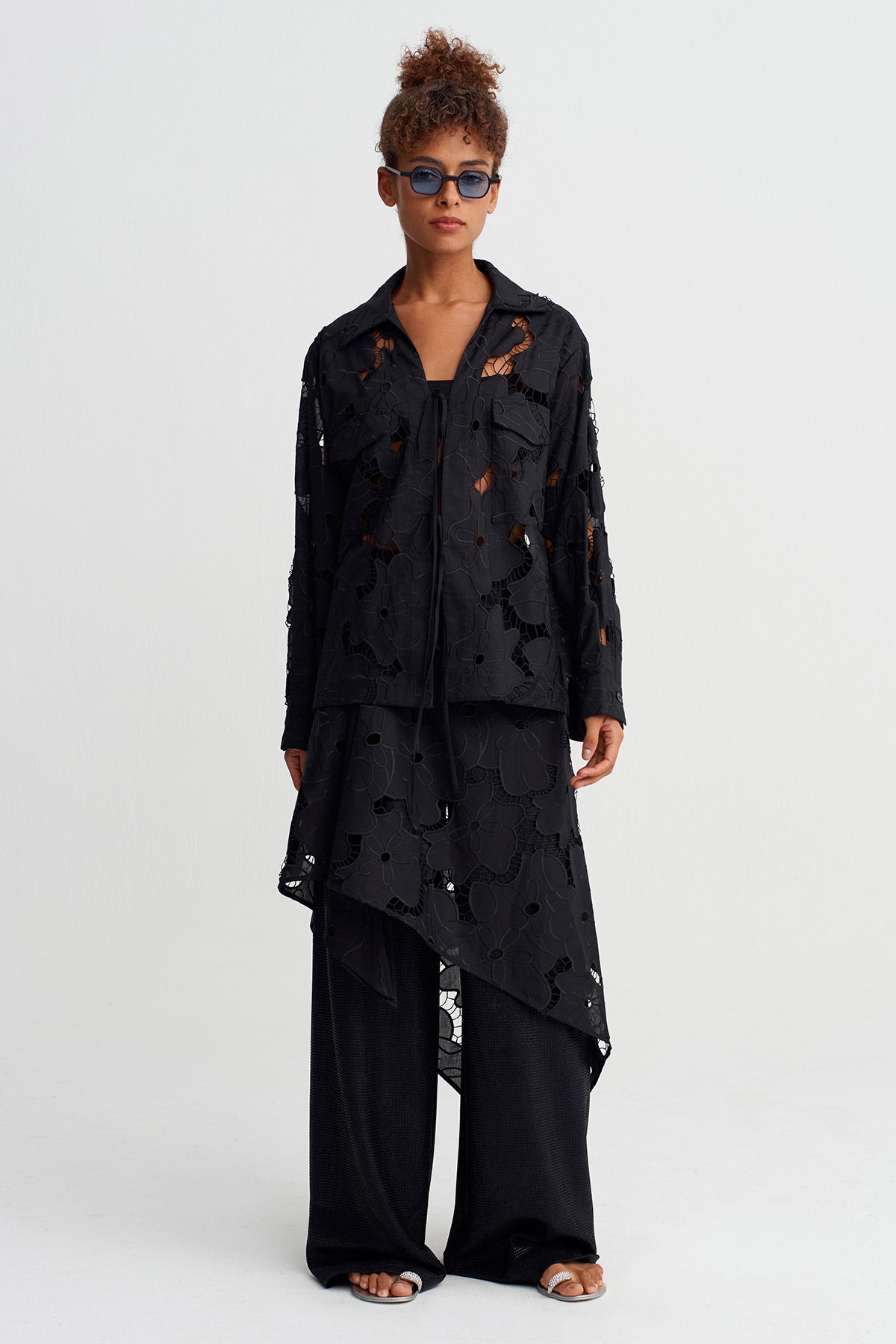 Black Floral Lace Shirt-Y261011061