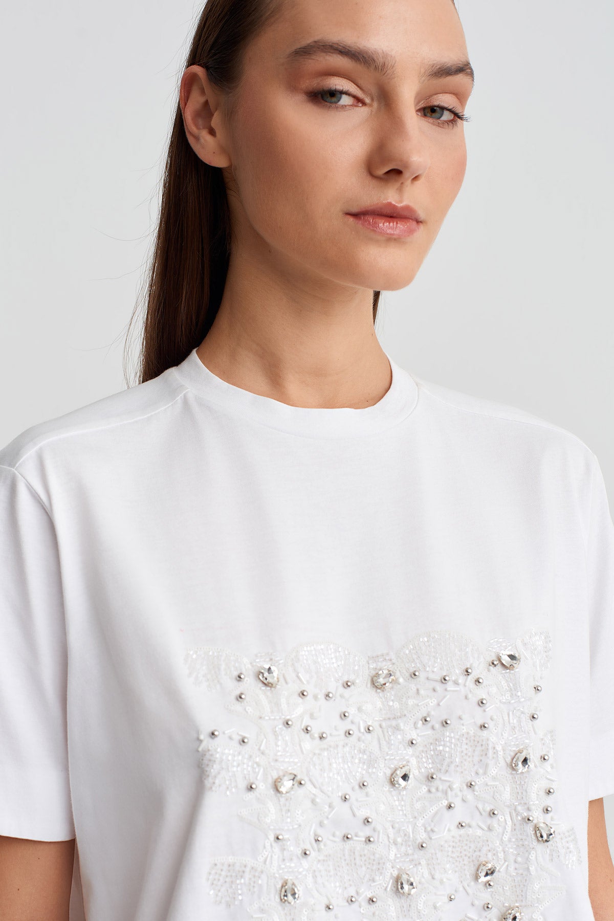 Off White Embellished T-Shirt-Y261011062