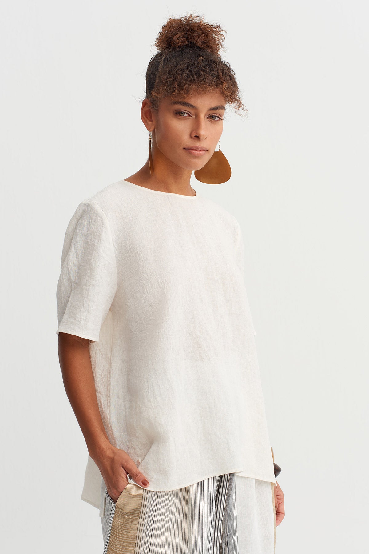 Ecru Natural Linen Oversized T-Shirt-Y261011067