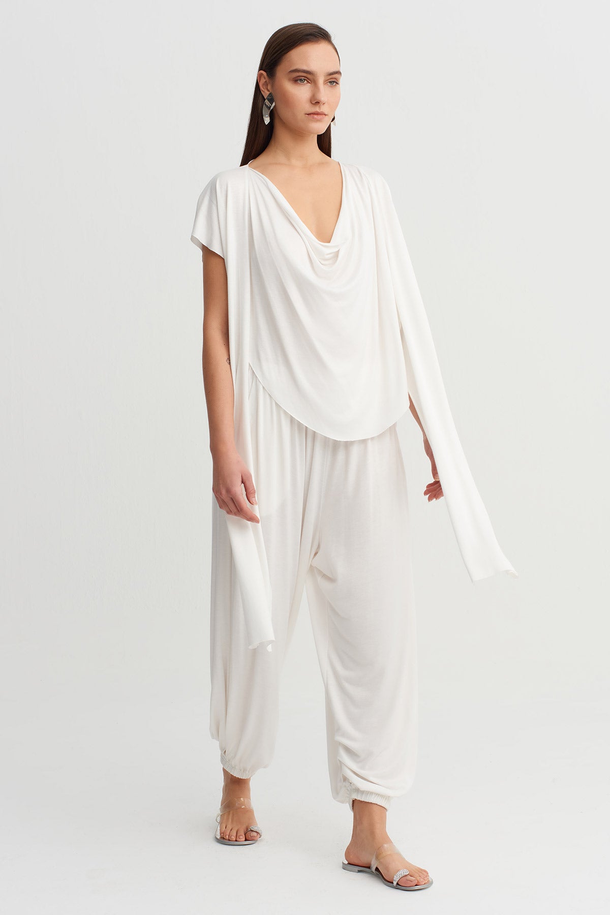 Off White Draped Neck Asymmetric T-Shirt-Y261011070