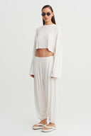 Off White Long Sleeve Crop T-Shirt-Y261011071