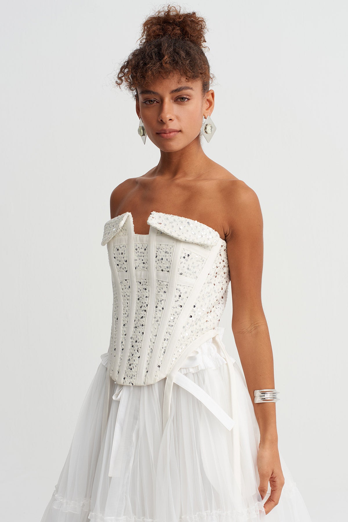 Off White Sequin Strapless Corset Top-Y261011087