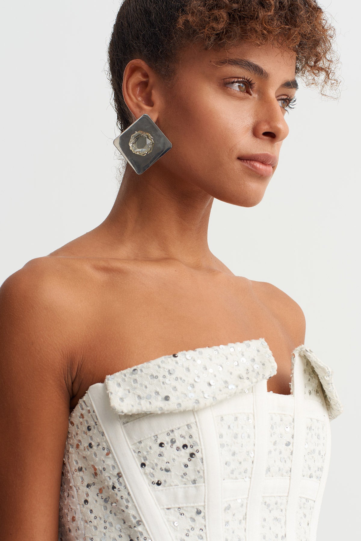 Off White Sequin Strapless Corset Top-Y261011087