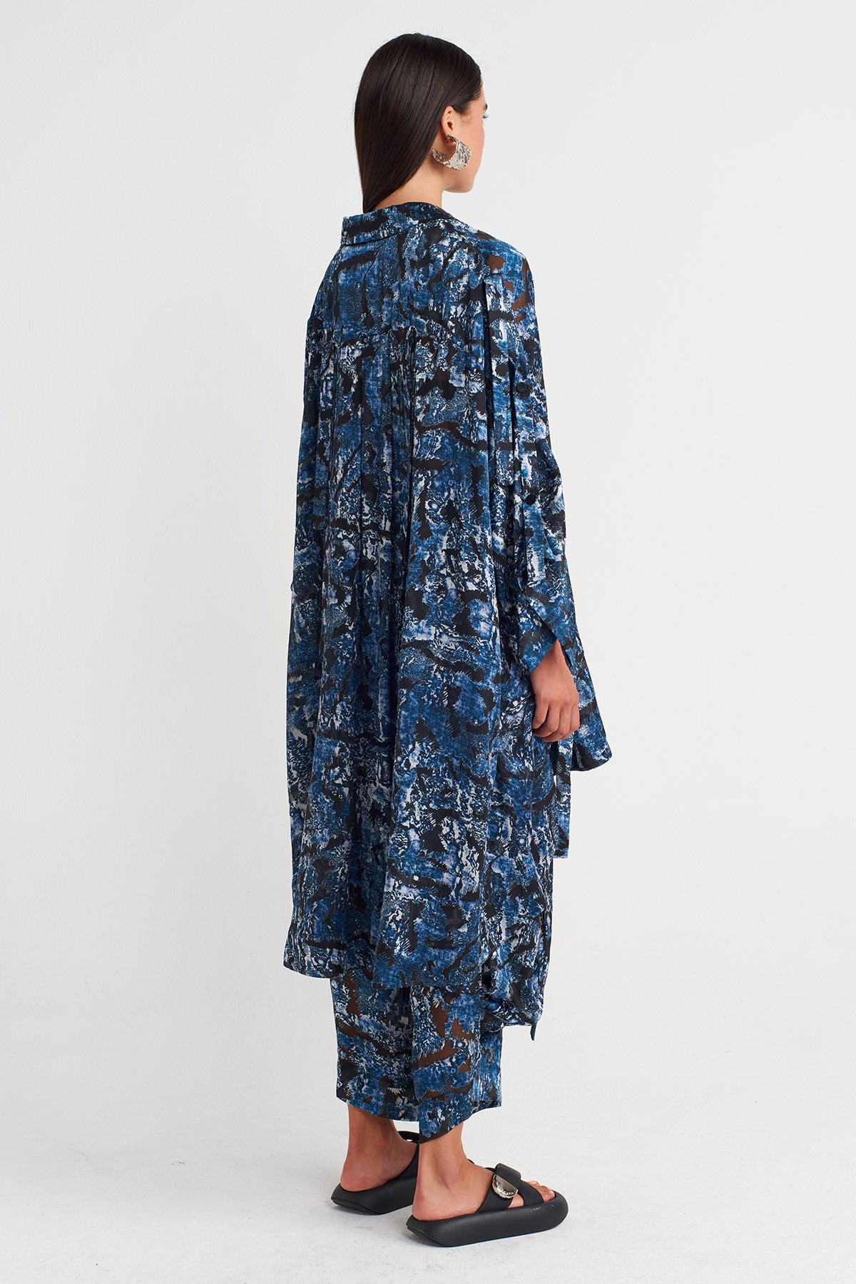 Indigo Abstract Pattern Ruffled Shirt-Y261011020