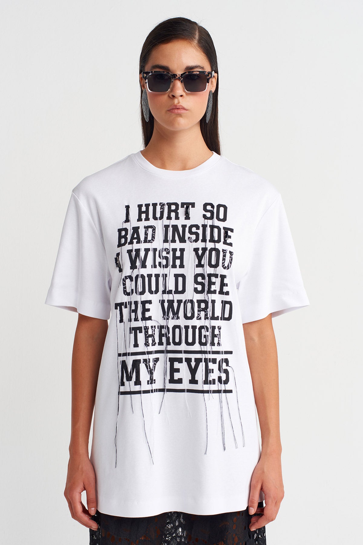 Off White Text Detailed Oversize T-Shirt-Y261011022
