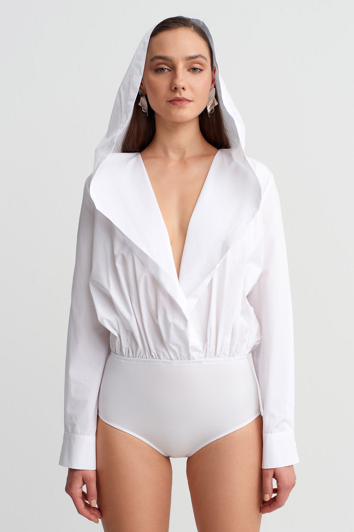 Off White Hooded Deep V-Neck Bodysuit-Y261011042