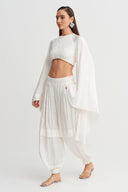 Off White Pelerin Kollu Saten Crop Bluz-Y261011102