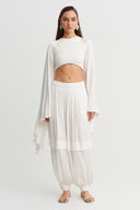 Off White Pelerin Kollu Saten Crop Bluz-Y261011102