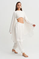 Off White Pelerin Kollu Saten Crop Bluz-Y261011102