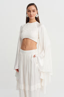 Off White Pelerin Kollu Saten Crop Bluz-Y261011102