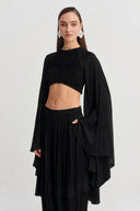 Black Pelerin Kollu Saten Crop Bluz-Y261011102