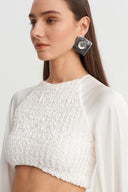 Off White Pelerin Kollu Saten Crop Bluz-Y261011102