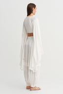 Off White Pelerin Kollu Saten Crop Bluz-Y261011102