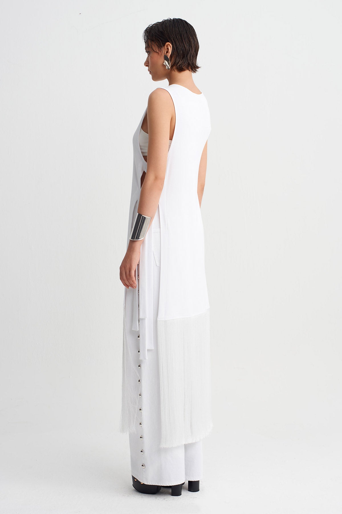 Off White Fringe Detailed Ribbed T-Shirt-Y261011120