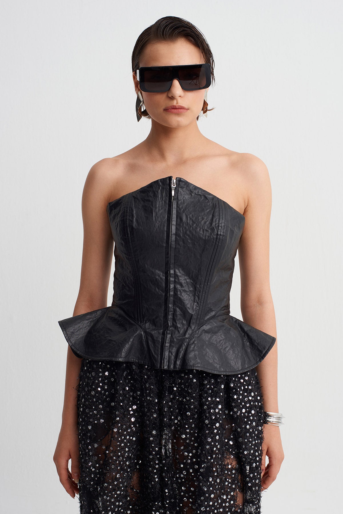 Black Faux Leather Corset Top-Y261011123