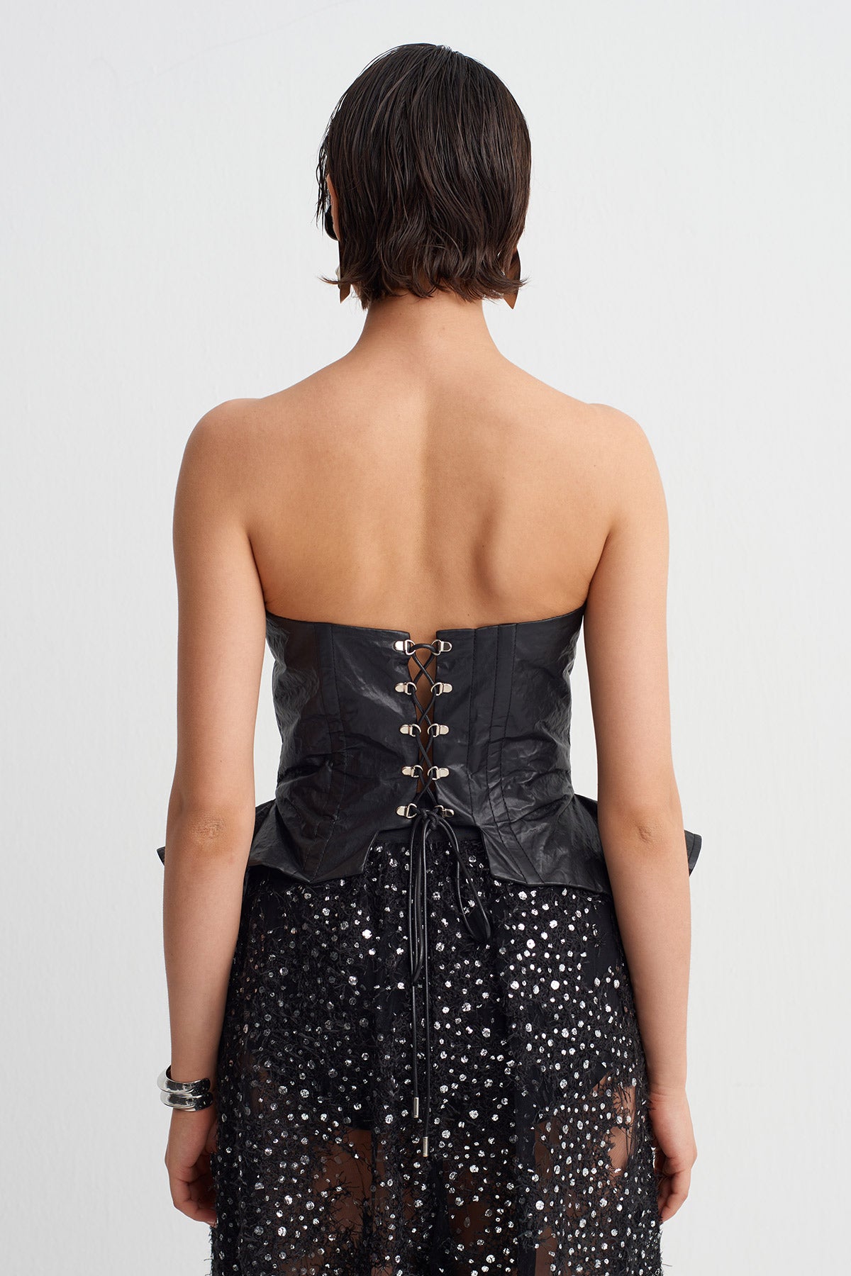 Black Faux Leather Corset Top-Y261011123