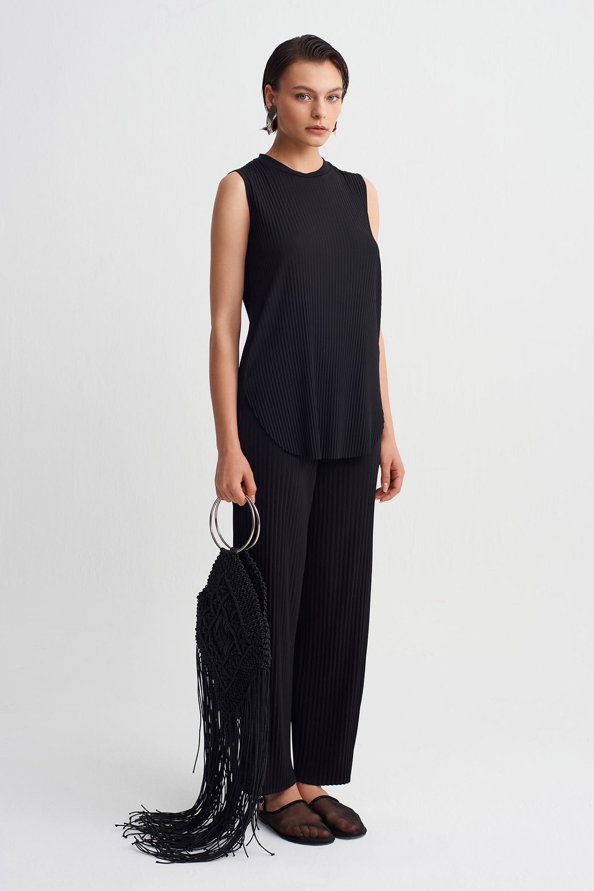 Black Jersey Pleated T-Shirt-Y261011133